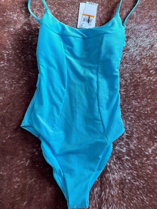 Becca Monte Carlo Belted Rib One Piece Swimsuit Bright Oasis Blue Small - Picture 14 of 16